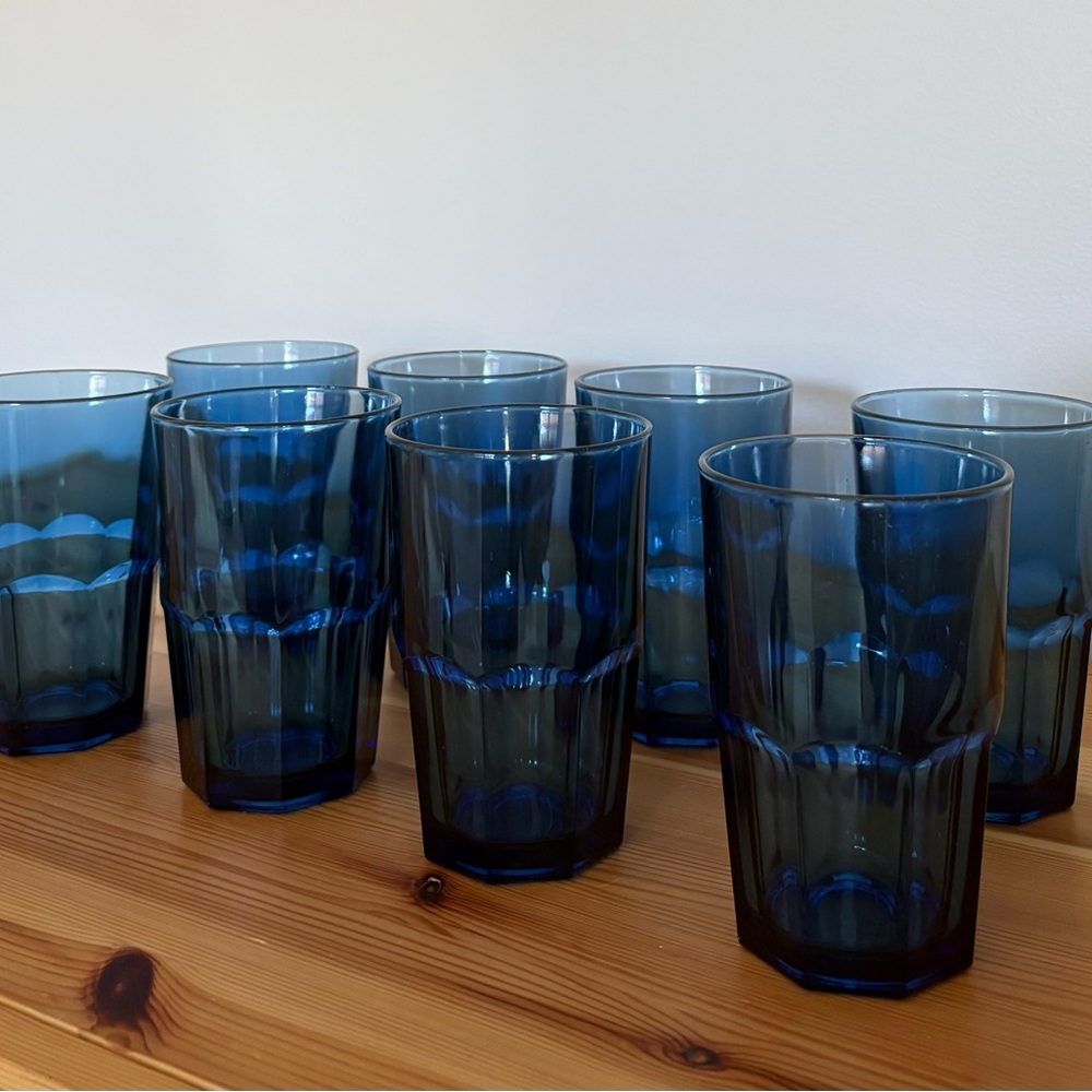 Set of 8 - Vintage Cobalt Dusty Blue Libbey Crisa Boston Glasses Tumblers